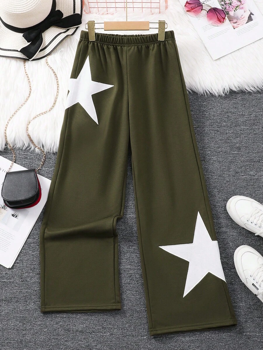 SHEIN Tween Girls Casual Contrast Color Star Embroidery Wide Leg Sweatpants - Green - View 1
