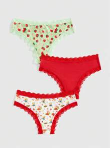 Strawberry Shortcake | ROMWE Set de 3 bragas con lazo de encaje y decoración de fresa para niña