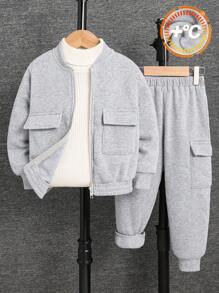 SHEIN Leap Crew Young Boy 2pcs Casual Sports Patch Pocket Long Sleeve Baseball Collar Zip-Up Sweatshirt And Solid Color Jogger Pants Set, Suitable For School, Garden, Beach, Birthday, Spring, Summer, Autumn, Winter - Light Grey - View 1