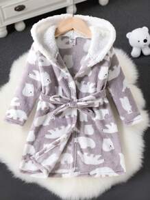 Young Boy Cute Polar Bear Print Hooded Long Sleeve Robe, Warm Sleepwear - Grey - View 1