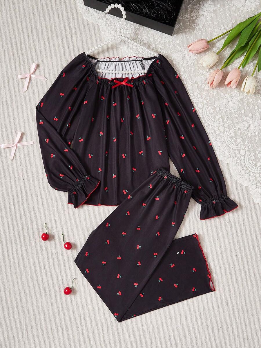Bộ đồ ngủ dệt kim dễ thương màu đỏ anh đào thời trang tối giản cho bé gái tuổi teen, quần dài & áo dài tay, đồ mặc ở nhà thoải mái - màu đen - Xem 1