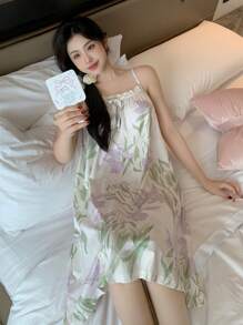 DAZY Vrouwen Bloemenprint Voorkant Strik V Hals Casual Losse Mouwloze Nachtjapon