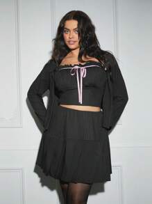 SHEIN SXY 3pcs Plus Size Women's Set: Ribbed Fabric Pink Contrast Bow Tie Decorated Ruched Top + Ruched Skirt + Long Sleeve Cardigan Jacket, Suitable For Fall & Winter, Date Night, Birthday, Bachelorette Party Outfit, Casual, Cute, Lolita, Shopping, Streetwear, Going Out, Easy To Match & Look Slim, Accentuate Your Body, Flatter The Figure