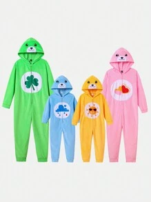SHEIN 女童可爱趣味太阳图案长袖长帽连体衣家居服 - 黃色 - 查看 1