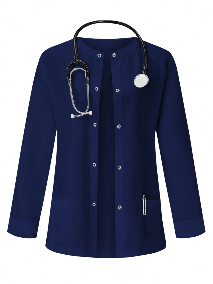 PopScrub Women Solid Color Front Button Nursing Scrub Uniform Jacket - Navy Blue - View 1