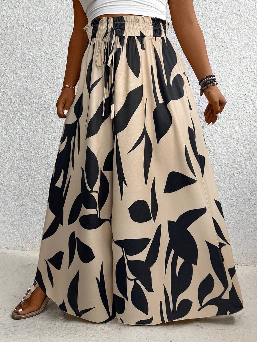 Plus Size Women Plant Print Tie Waist Wide Leg Loose Pants SHEIN USA