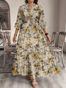 EMERY ROSE Casual Vintage Ditsy Floral V-Neck Ruched Long Sleeve Dress, Suitable For Autumn - Apricot - View 2