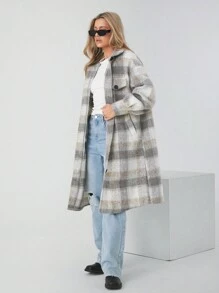 SHEIN EZwear 女式超大格纹长款外套，秋冬季 - 彩色 - 查看 5