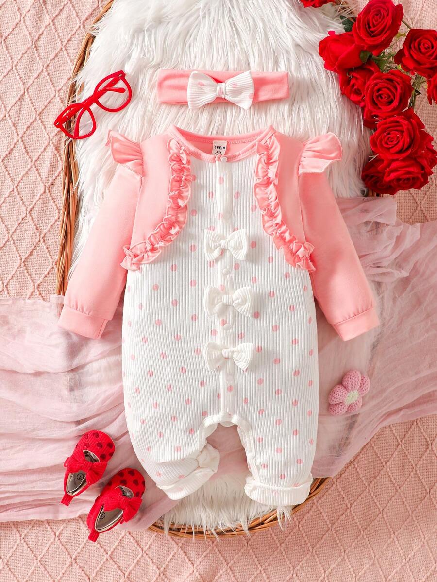 SHEIN 女婴休闲撞色波点印花蝴蝶结装饰连体衣,秋季款 - 粉色 - 查看 1