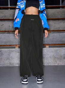 Streetz SHEIN Sport Women Applique Drawstring Pocket Loose Sports Pants - Black - View 2