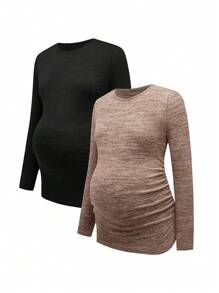 SHEIN Maternity Solid Color Long Sleeve Knit Tee, Mixed Color Tight Fit Pregnancy T-Shirt, Suitable For Teachers