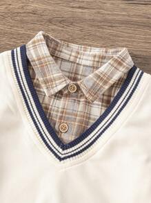 Baby Boy Collegiate Style Colorblock Striped Sweater Vest, Plaid Shirt And Solid Color Pants Set - Coffee Brown - View 4