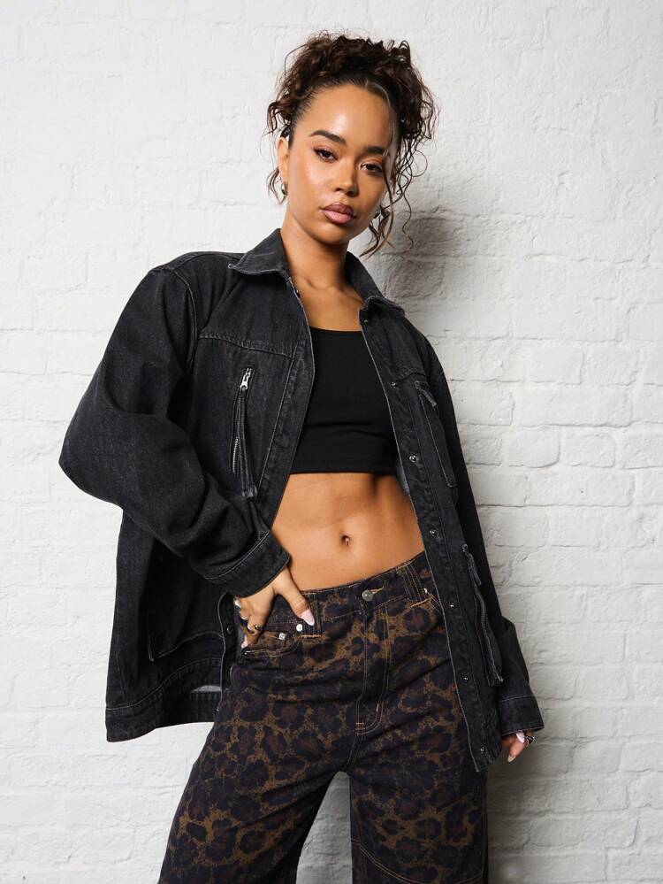 SUMWON WOMEN Oversized Utility Long Sleeve Multi Pocket Denim Jacket