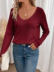 SHEIN Frenchy Lace Spliced Long Sleeve Waffle Fabric Black T-Shirt