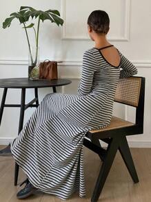 DAZY Women Striped Wide Collar Bodycon Long Dress,Fall Dress Long Sleeve Dress