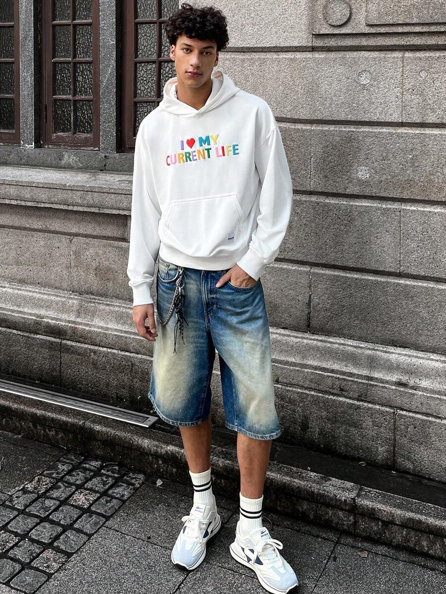 Manfinity VCAY Men's Knit Fashion Casual Loose English Graphic Print Long Sleeve Hoodie, Suitable For Autumn/Winter - White - View 1