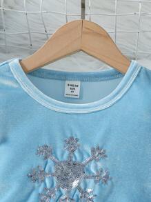 SHEIN Glamorique Kids Young Girls Party Dress - Blue Velvet Fabric With Snowflake Sequin Embroidery, Sheer Mesh Flutter Sleeves , Elegant For Halloween, Parties And Events - Blue - View 8