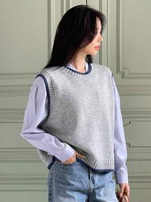 DAZY Damen lässige Strickveste mit Farbblockdesign, Herbst - Hellgrau - Übersicht 4