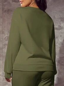 SHEIN SXY Women's Casual Letter Print Dropped Shoulder Loose Olive Green Sweatshirt, Spring Autumn - Army Green - View 2