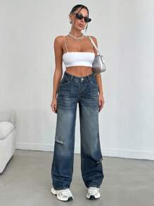 RueChic WOMEN WIDE LEG LOW WAIST JEANS - Medium Wash - View 6