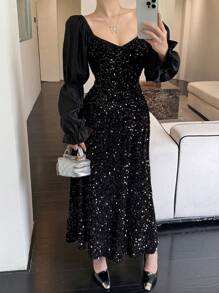 DAZY 女士亮片网纱撞色连衣裙 舞会礼服 派对礼服 返校节礼服 秋冬奢华新年礼服 嘉年华闪亮礼服 - 黑色 - 查看 2