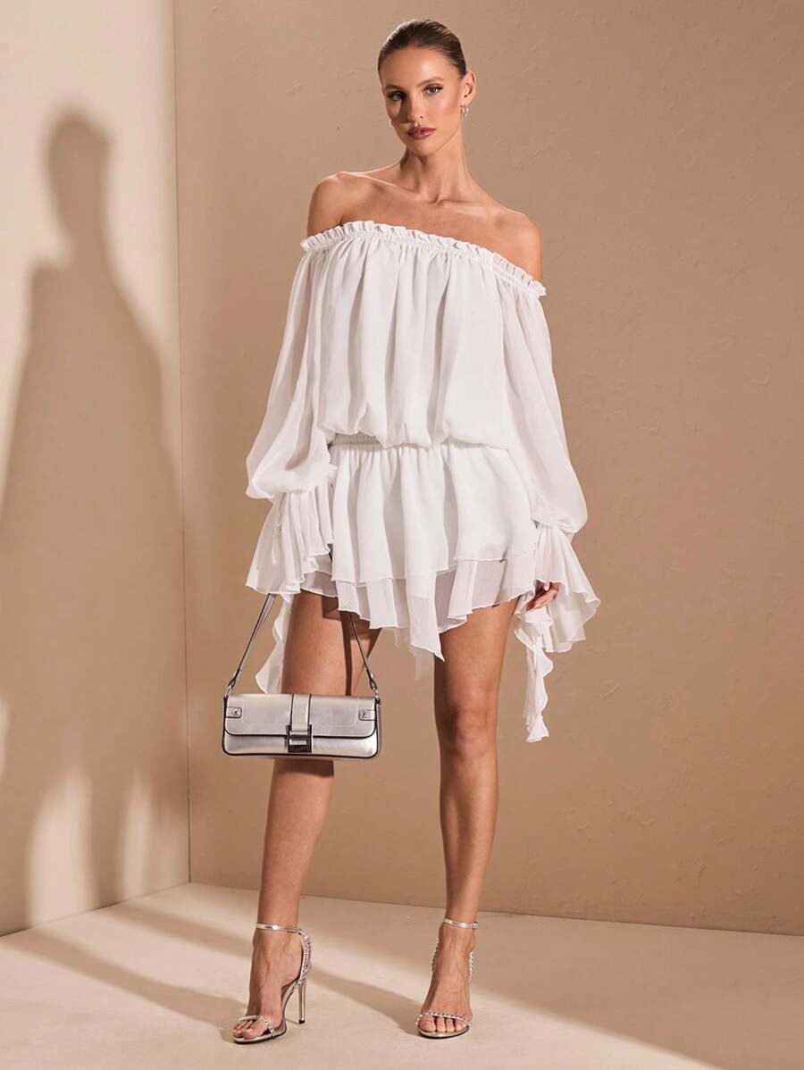 SHEIN BAE 优雅甜美法式纯白色露肩长袖衬衫裙，泡泡袖，不对称荷叶边饰边，适合浪漫约会、生日派对、伴娘服、晚礼服 - 白色 - 查看 1