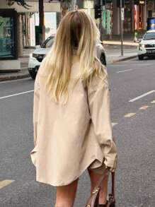 Forever 21 女士衬衫 Barn 夹克 女士纯色纽扣休闲长袖衬衫 - 卡其色 - 查看 3