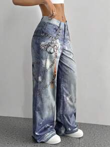 SHEIN Unity Women's Denim Effect Chain Pattern Print Casual Straight Leg Pants, Autumn - Multicolor - View 4