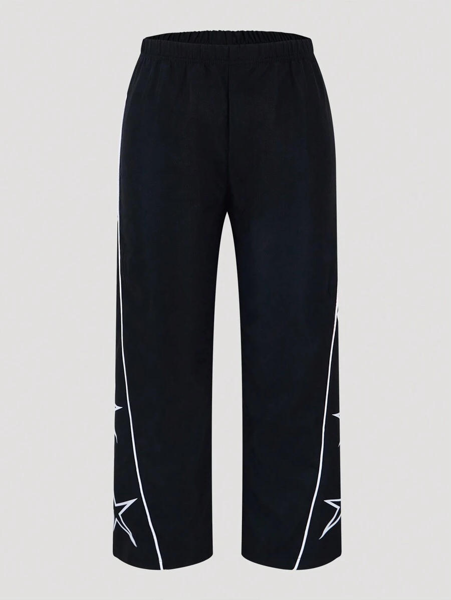 SHEIN 青少女星型印花編織運動休閒長褲 - 黑色 - 查看 1