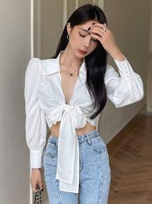 DAZY 1pc Solid Color Fitted Tie Sleeve Ladies Blouse,Fall Clothes Long Sleeve Top - White - View 8