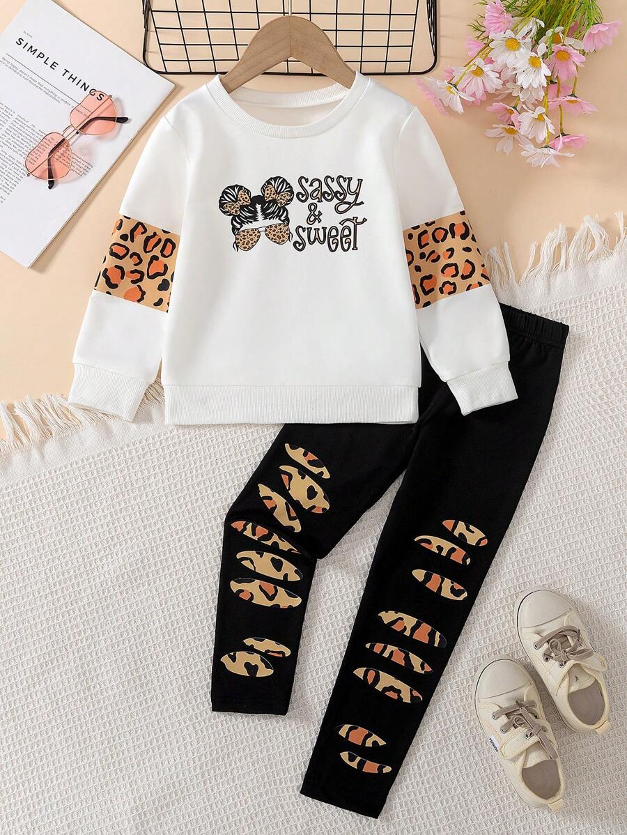 SHEIN 2 件套豹纹长袖圆领抽绳连帽衫运动衫和豹纹裤休闲装 - 彩色 - 查看 1