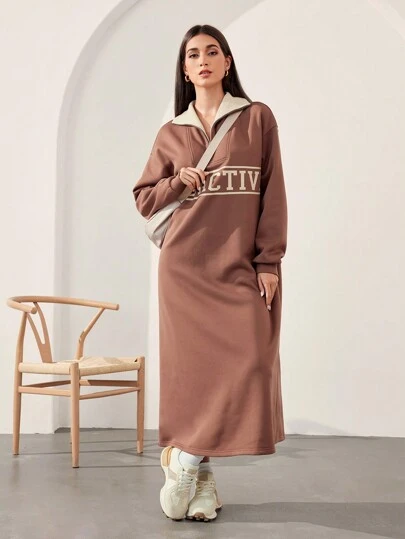 Mulvari Women's Solid Color Patchwork Long Sleeve Letter Print Minimalist Long Casual Dress,Long Sleeve Tops In Fall/Winter