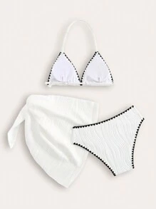 Tween Girl New Fashionable Colorblock Trim Bikini Set, Special Fabric