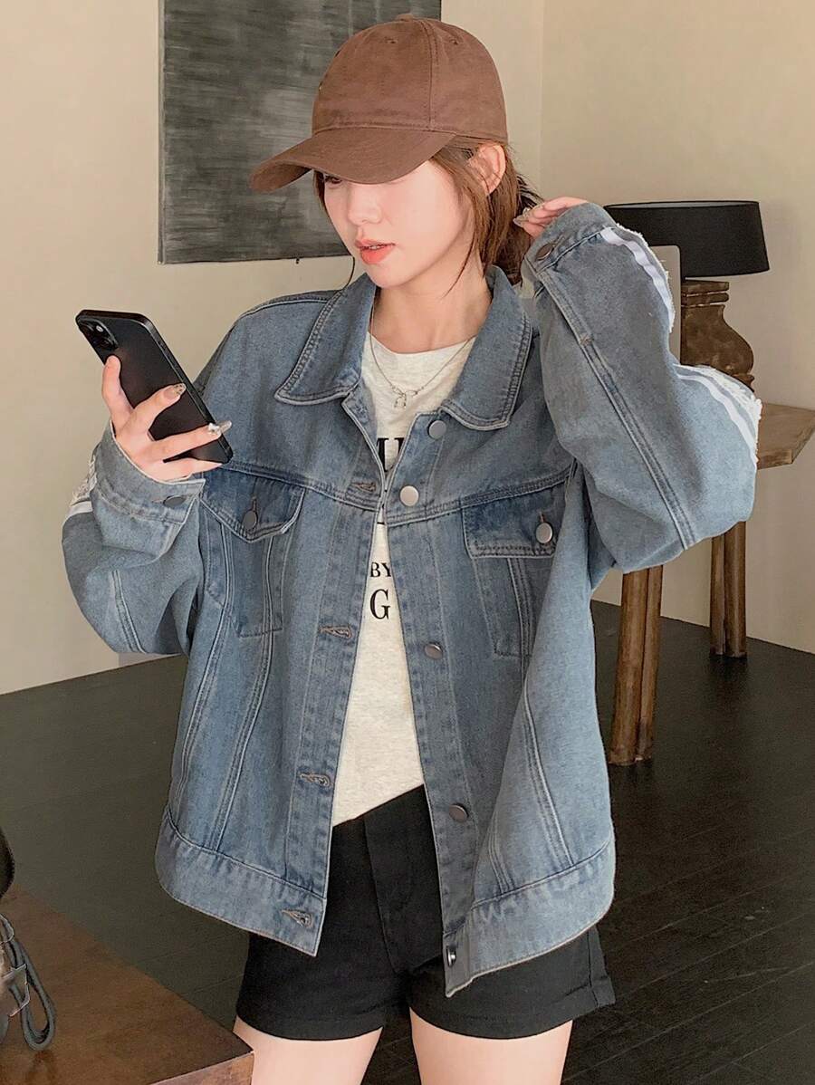 DAZY 女士纯色前扣口袋休闲长袖牛仔夹克