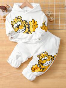 2pcs/Set Casual Cute Funny Sporty Streetwear All-Match Style Korean Fashion Boys Cartoon Pattern Hooded Loose Knit Sweatshirt And Knit Pants Set, Suitable For Spring, Autumn And Winter, For Home, Outdoor, School, Sports