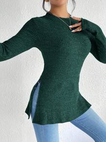SHEIN Frenchy Camiseta de punto de cuello redondo con dobladillo acanalado de tela de grano dividido sólida