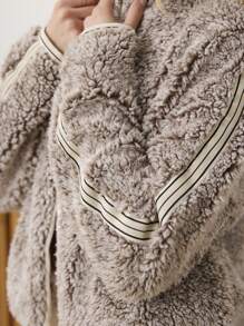 Aralina Super Cosy Teddy Fleece With Fashion Contrast Stripe Zip Thru Jacket