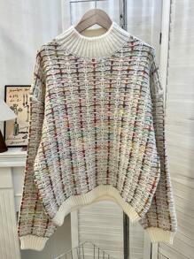 SHEIN LUNE Women Round Neck Drop Shoulder Knit Sweater, Casual Style For Autumn/Winter, Knit Pullover Fall - Multicolor - View 1