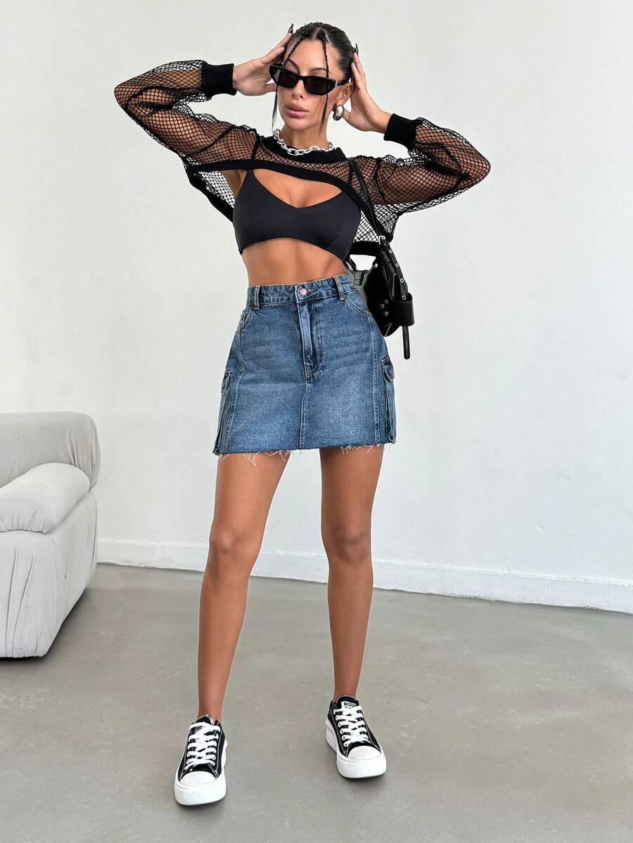 RueChic WOMEN DENIM MINI SKIRT POCKET DETAIL - Medium Wash - View 1