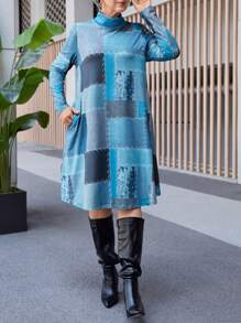 EMERY ROSE Plus Size Fashion Granny Fall Clothes Curve Thanksgiving Women Outfit Women Autumn High Collar Long Sleeve Patchwork Printed Pocket Casual Dress