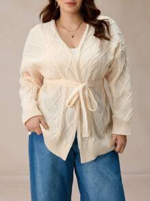 Elaquor Plus Size Casual Solid Color Drop Shoulder Loose Cable Knit Argyle Cardigan With Belt