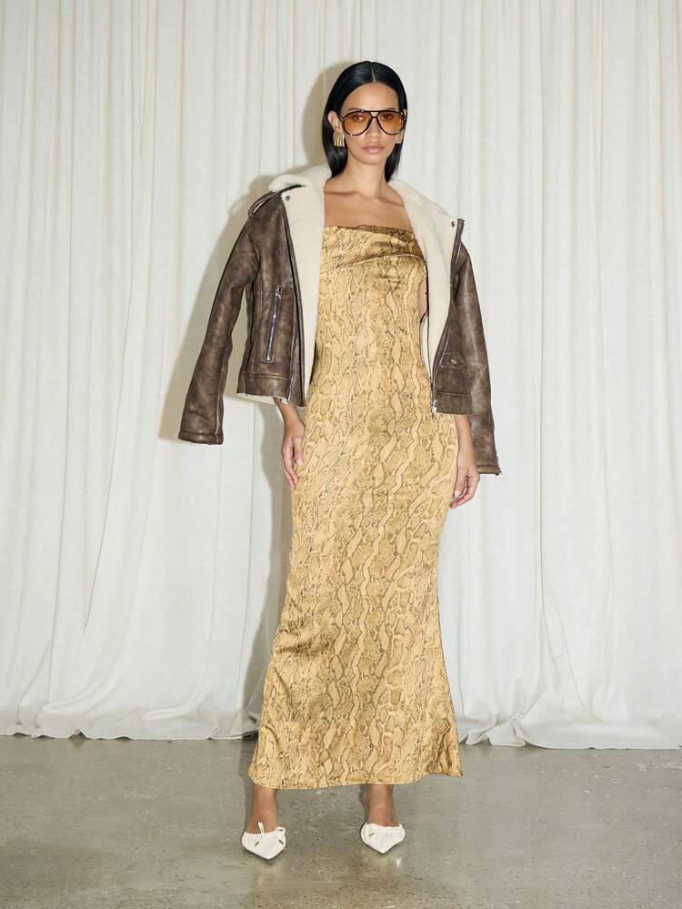 Snake Print Spaghetti Strap Bodycon Maxi Dress