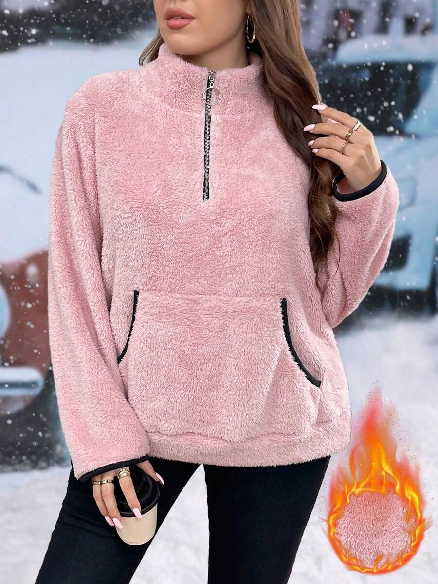 SHEIN LUNE 大码女式休闲半拉链前袋鼠口袋毛绒运动衫，秋冬款 - 粉色 - 查看 1