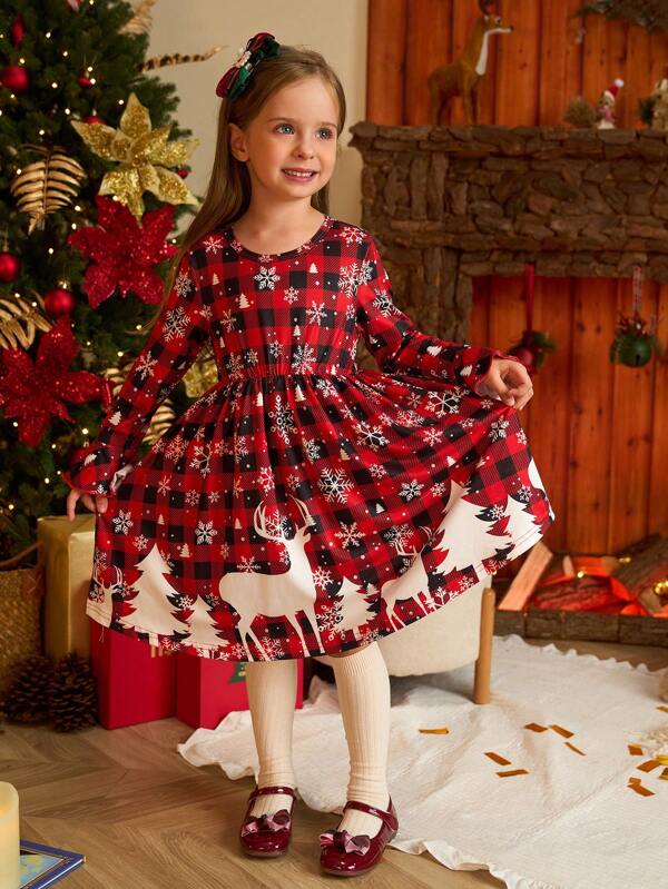 SHEIN Glamorique Kids Rochie elastică cu imprimeu în carouri de Crăciun Moș Crăciun, design drăguț și cu fulgi de zăpadă, potrivită pentru vacanță, ocazional, vacanță, petrecere, toamnă/iarnă