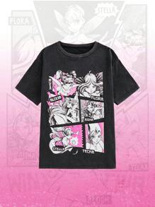 Winx Club X ROMWE Women Casual Cartoon Figure & Letter Print Drop Shoulder Oversize T-Shirt, Summer - Black - View 1