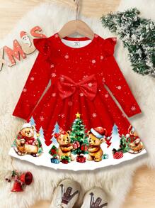 SHEIN Váy dài tay họa tiết gấu và quà tặng dễ thương cho bé gái, thời trang cho mùa thu/đông - Nhiều màu - Xem 1