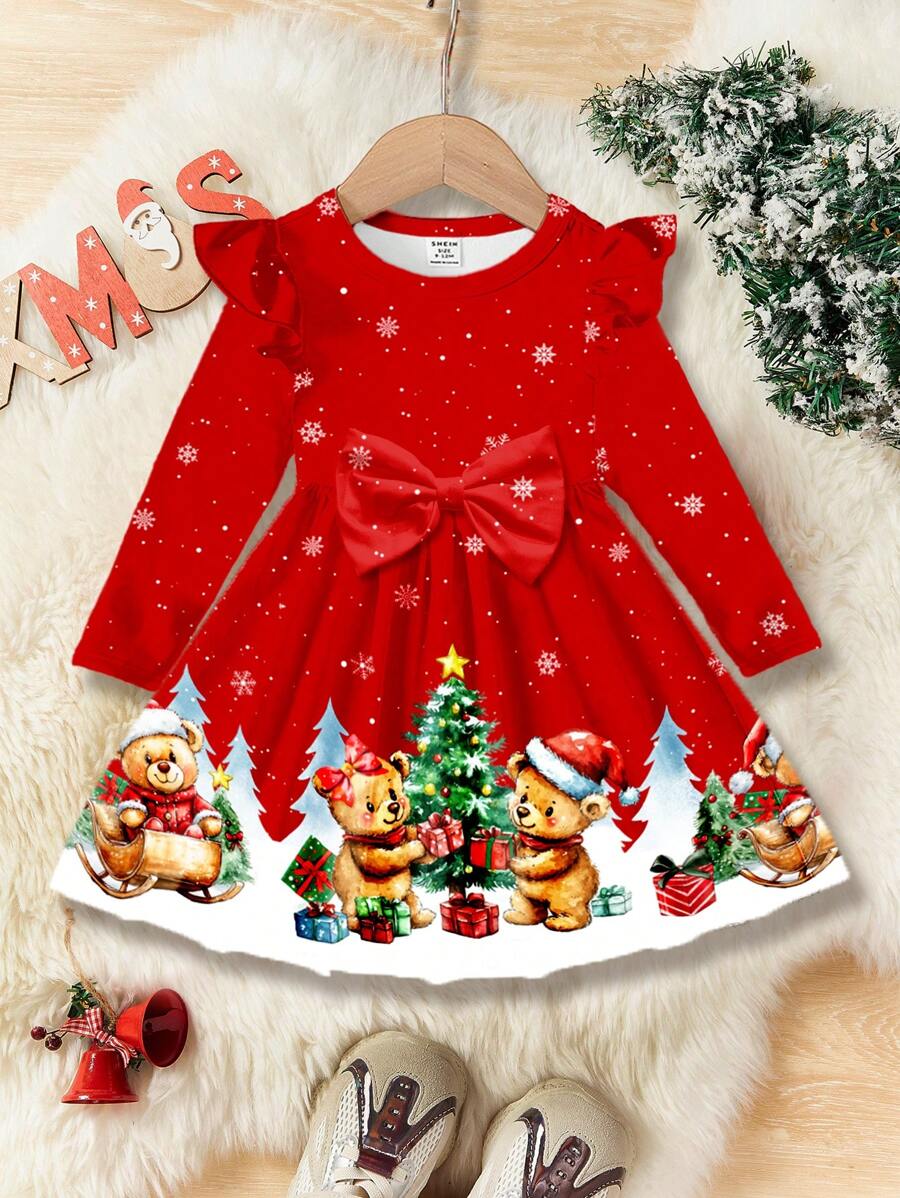 SHEIN Váy dài tay họa tiết gấu và quà tặng dễ thương cho bé gái, thời trang cho mùa thu/đông - Nhiều màu - Xem 1