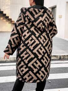 EMERY ROSE 大码女式几何印花拉链立领长袖连帽休闲棉服外套冬装