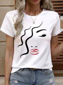 EMERY ROSE Women Face Pattern Minimalist Lines Print T-Shirt, Short Sleeve Layering Top For Summer And Autumn Graphic Tees Women Tops