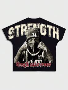 ROMWE MEN Street Life Camiseta de manga corta casual con cuello redondo y estampado de letras y caracteres para hombres - Negro - Ver 2